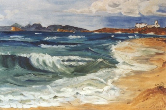 alte Salzm�hle mit Strand (�l auf Leinwand)